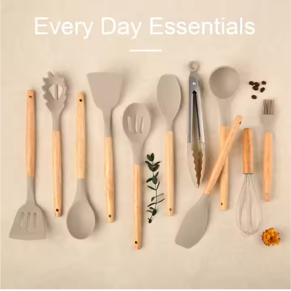 Non-Stick Silicon 12 Pcs Heat Resistant Wooden Handle Kitchen Cooking Utensils Set, Khaki Color - view 3