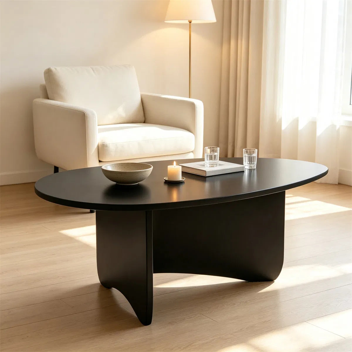 Oval Modern Coffee Table, Engineered Wood Low Accent Table with TShaped Arched Base - view 7