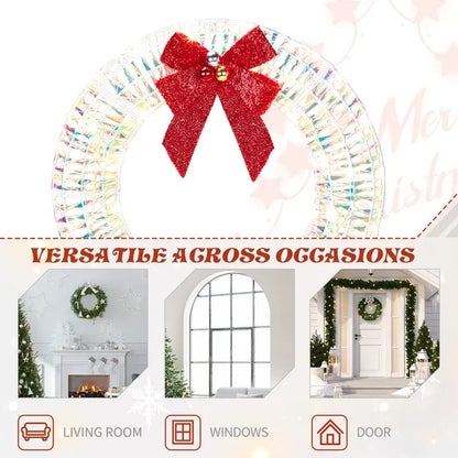 24in Pre-lit Iridescent Outdoor Christmas Wreath Decoration, Lighted Metal Wreath With Red Bow, Warm White LED Lights - view 3
