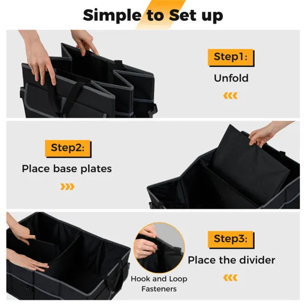 13 Gallon Car Trunk Organizer - 3 Compartments+6 Pockets, 600D Oxford Fabric, Non-Slip Base, Black - view 5