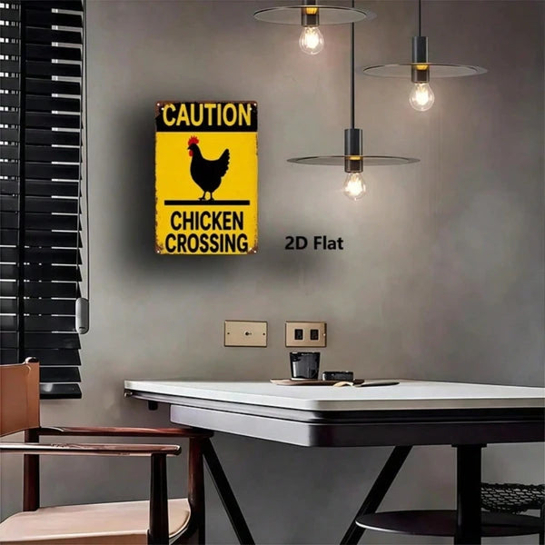1PC 2D Flat Metal Sign, Yellow Background Black Rooster Chicken Crossing Warning Sign - view 3