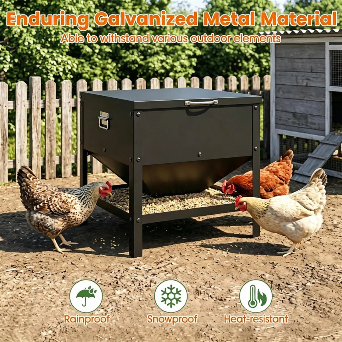 Heavy Duty Stainless Steel Chicken Feed Hopper with Lift Top Cover, Raised Legs Spill-Proof Poultry Feeding Box - view 4