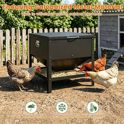 Heavy Duty Stainless Steel Chicken Feed Hopper with Lift Top Cover, Raised Legs Spill-Proof Poultry Feeding Box - view 4