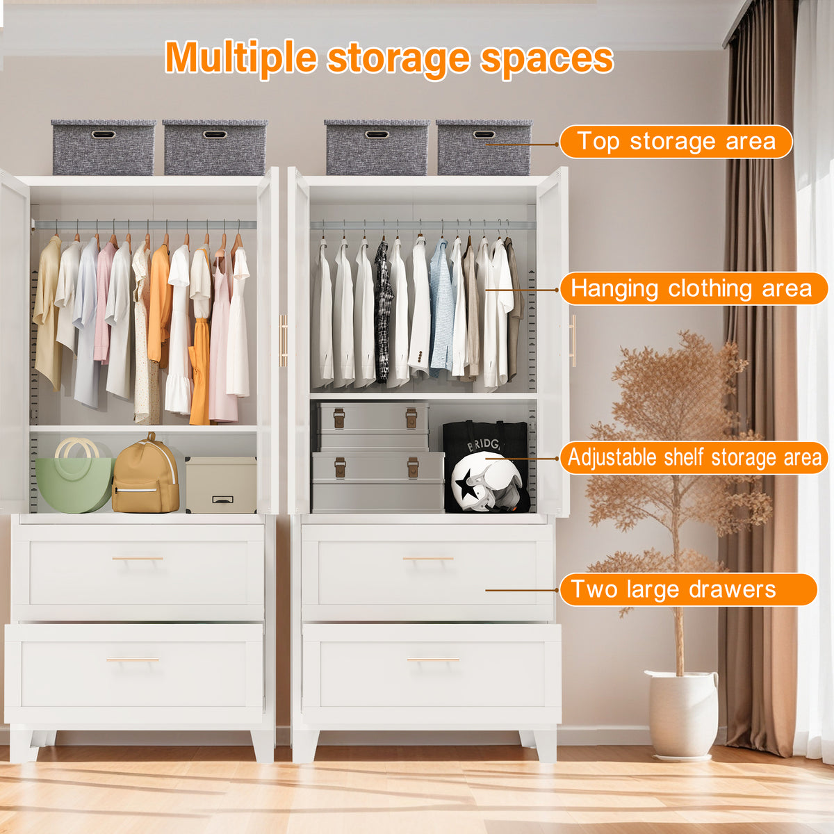 71inch Tall Metal Wardrobe Cabinet With 2 Drawers And Hanging Rod, 2 Doors Wardrobe Closet With Shelf For Bedroom - view 4