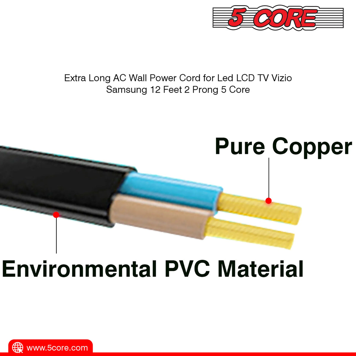 5 Core AC Power Cord 6 Ft ? 2 Prong US Male to Female Extension Adapter ? 16AWG/2C 125V 13A 1/2/5 Pc - PP 1001 - view 10