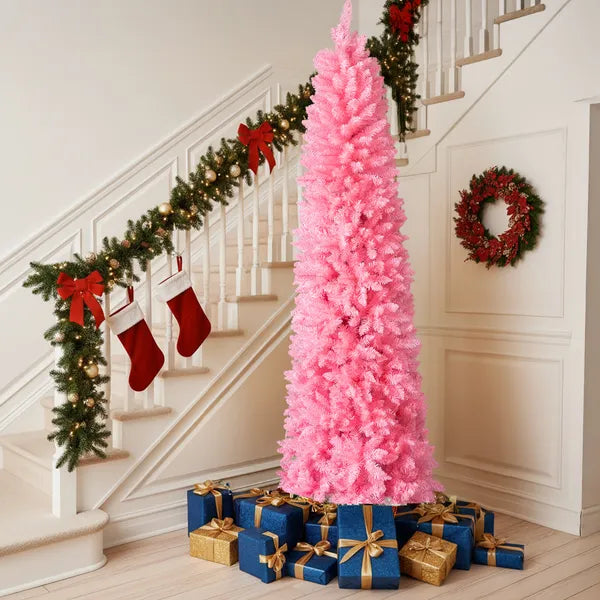 7.5 FT Hinged Christmas Tree, Artificial Pencil Christmas Tree, Unlit Artificial Christmas Pine Tree With 1075 Branch - view 3