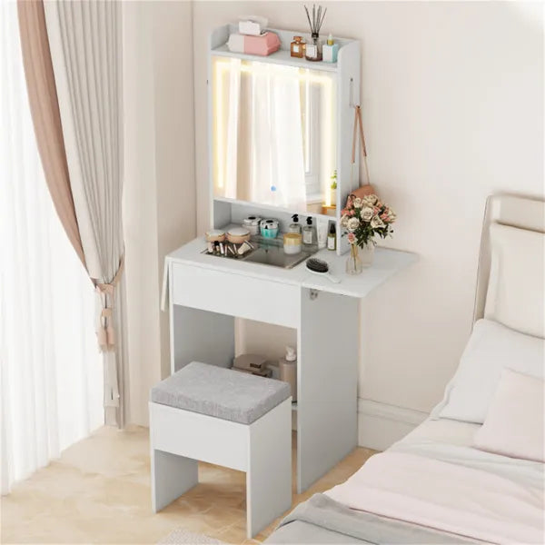 Vanity Table With LED Lighted Mirror, 2 Drop Leaf Extension & Built-in Charging Station-White - view 2