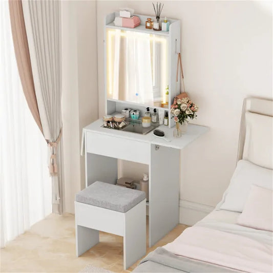 Vanity Table With LED Lighted Mirror, 2 Drop Leaf Extension & Built-in Charging Station-White - view 2