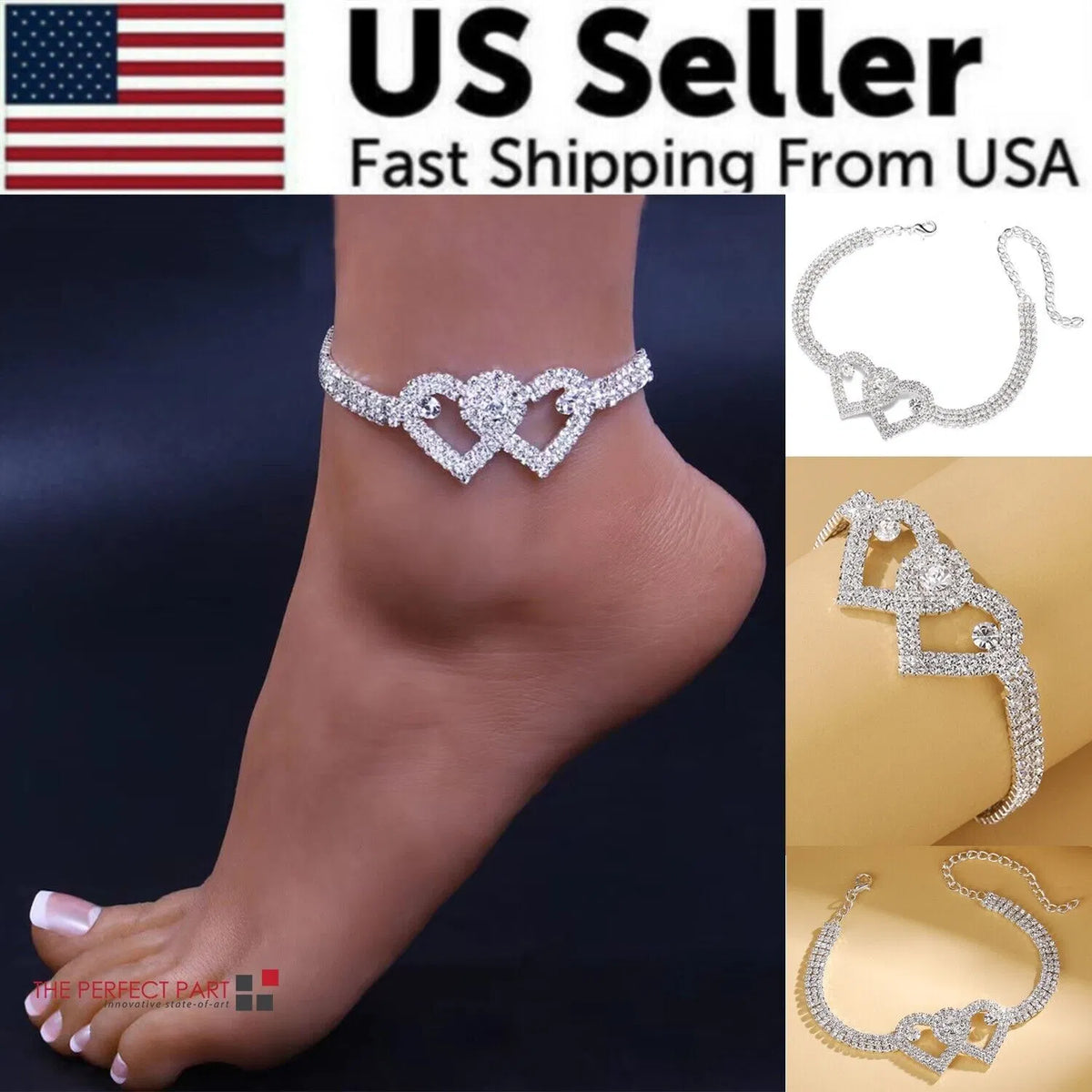 Double Heart Anklet Bracelet Love Barefoot Chain Bling Crystal Ankle Bracelet US