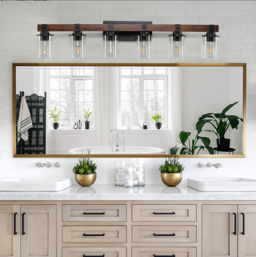 42 Inch Rustic 6-Light Vanity Light, Industrial Bathroom Wall Sconce With Glass Shades And Wood Accent - view 4