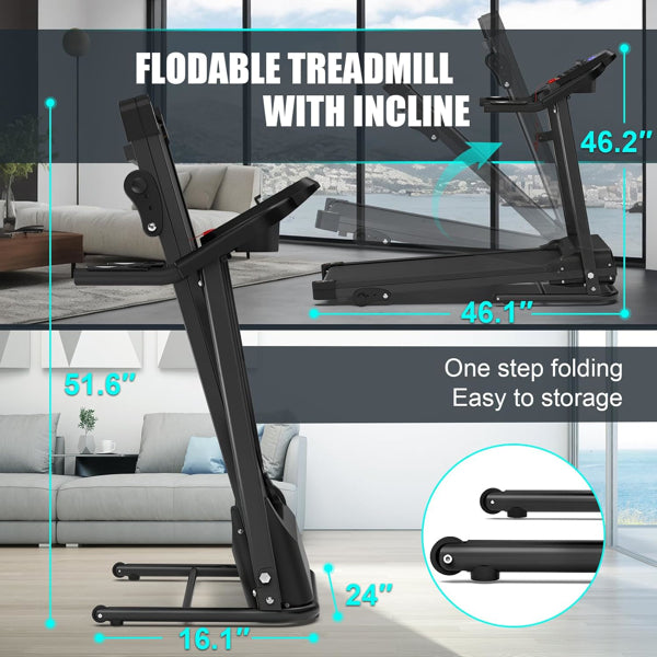 Compact Folding Treadmill For Home - 2.5HP Quiet Brushless Motor, 3-Level Incline, 7.5 MPH, Shock Absorption - view 3