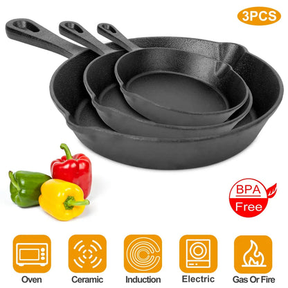 3Pcs Pre-Seasoned Cast Iron Skillet Set 6-8-10in Non-Stick Oven Safe Cookware Heat-Resistant Frying Pan - view 4