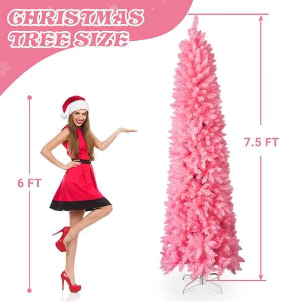 7.5 FT Hinged Christmas Tree, Artificial Pencil Christmas Tree, Unlit Artificial Christmas Pine Tree With 1075 Branch - view 3