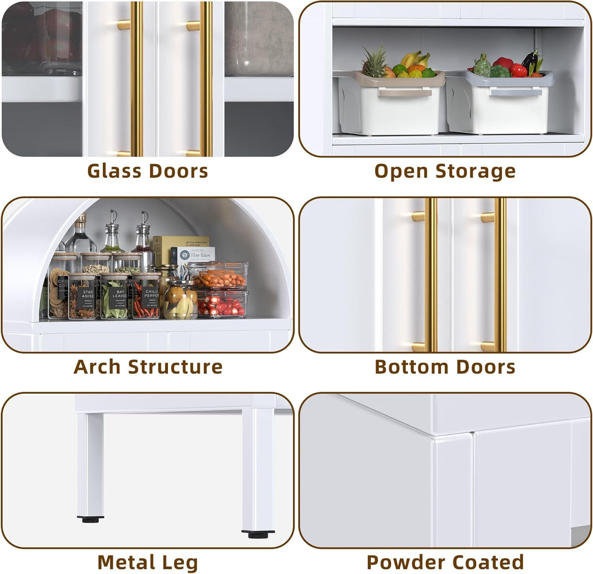 73 In Tall Metal Arched Cabinet, Kitchen Pantry Cabinet With Glass Door - view 7