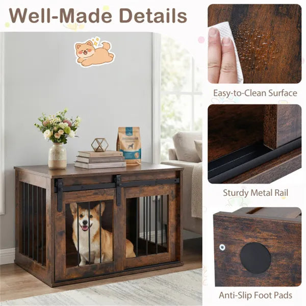 31.5" Dog Crate Furniture With Sliding Barn Door, Wooden Dog Kennel End Table For Indoor Use - Rustic Brown - view 2