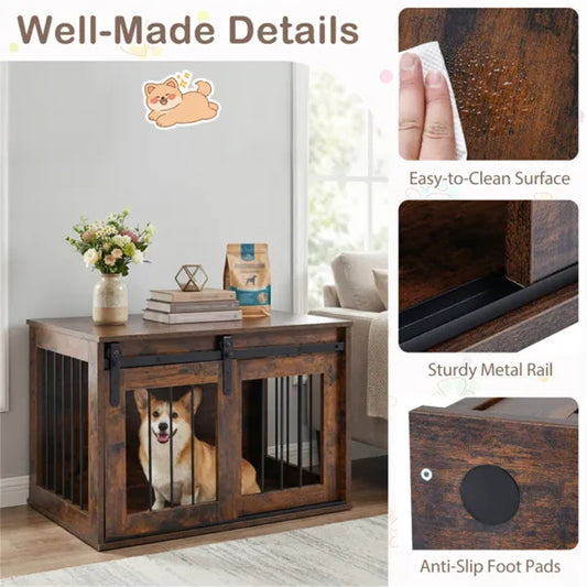 31.5" Dog Crate Furniture With Sliding Barn Door, Wooden Dog Kennel End Table For Indoor Use - Rustic Brown - view 2