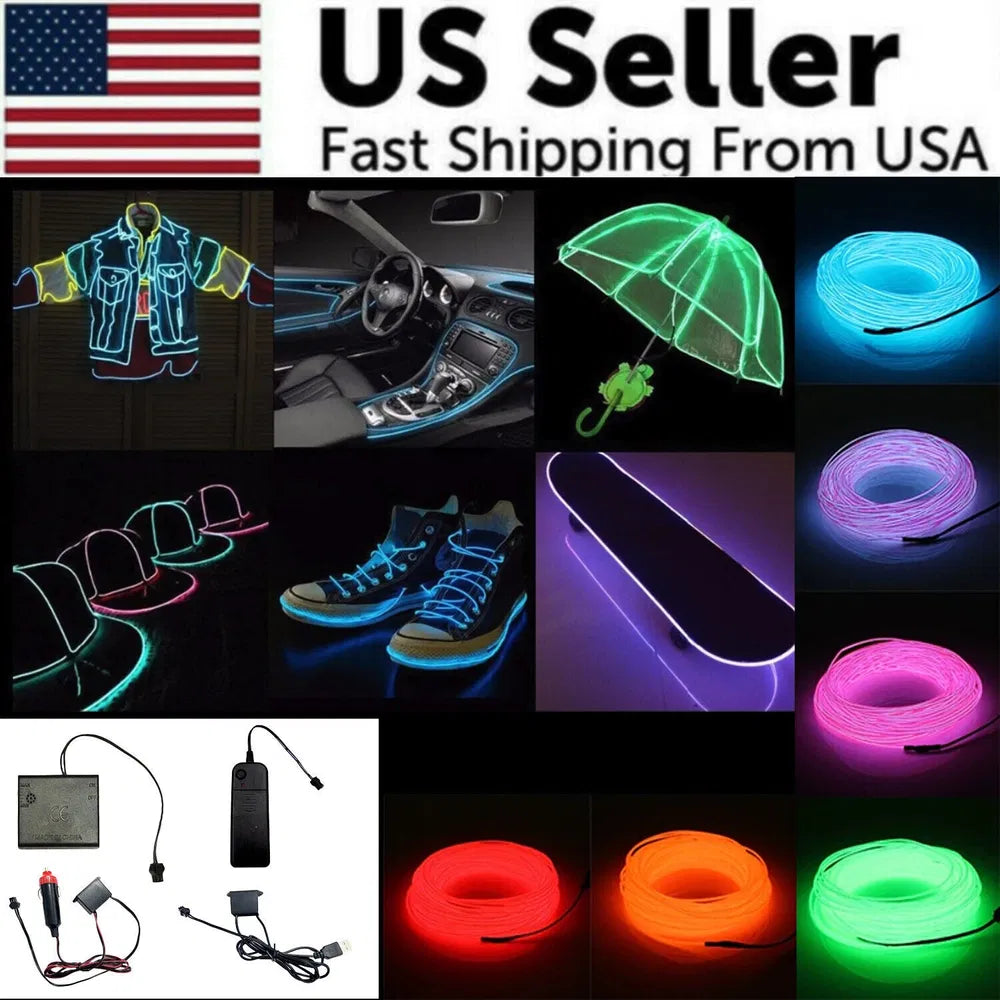 Neon LED Light Glow EL Wire String Strip Rope Tube Decor Car Party + Controller - view 7