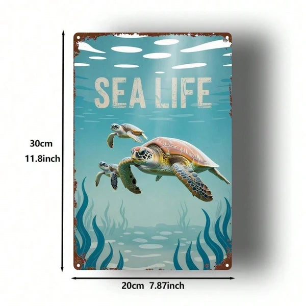 1pc 2D Metal Sea Turtle Wall Decor, 8x12 Inch Marine Life Tin Sign, Square Iron Hanging Art Poster For Home Bar Cafe - view 2