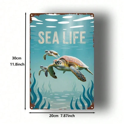 1pc 2D Metal Sea Turtle Wall Decor, 8x12 Inch Marine Life Tin Sign, Square Iron Hanging Art Poster For Home Bar Cafe - view 2