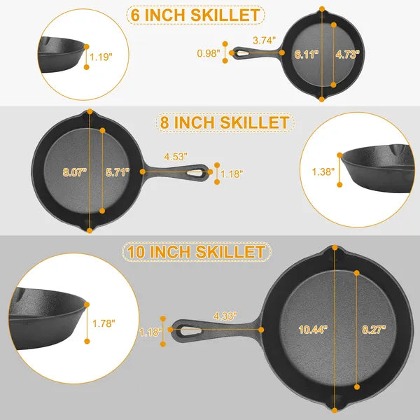 3Pcs Pre-Seasoned Cast Iron Skillet Set 6/8/10in Non-Stick Oven Safe Cookware Heat-Resistant Frying Pan - view 5
