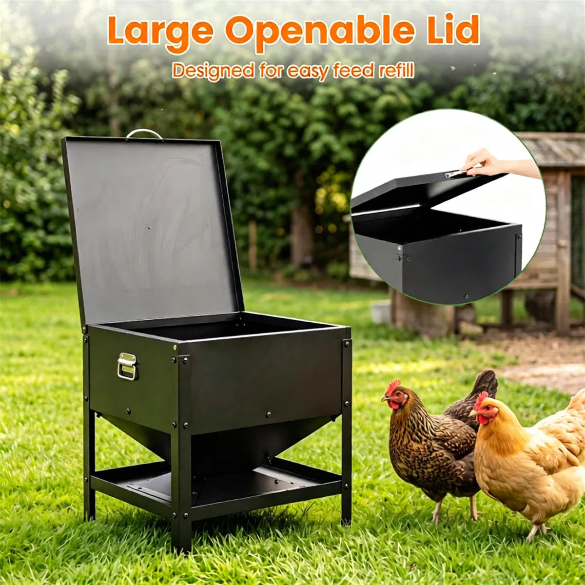 Heavy Duty Stainless Steel Chicken Feed Hopper with Lift Top Cover, Raised Legs Spill-Proof Poultry Feeding Box - view 7
