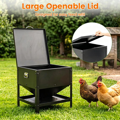 Heavy Duty Stainless Steel Chicken Feed Hopper with Lift Top Cover, Raised Legs Spill-Proof Poultry Feeding Box - view 7