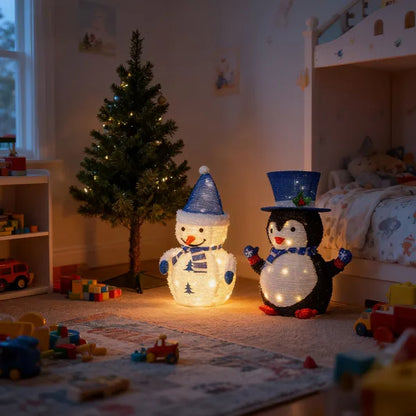 Set Of 2 Lighted Plush Penguin And Snowman Christmas Decorations, Pre-lit Pull Up Holiday Decor With 100 Warm White LED - view 2