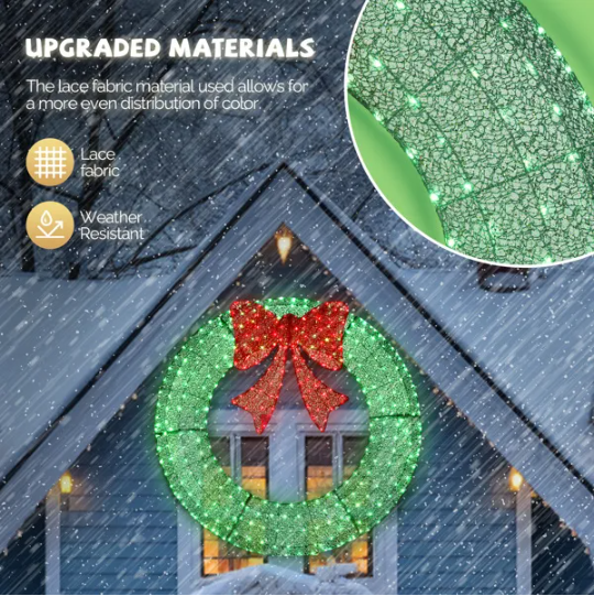 60in Pre-Lit Outdoor Christmas Wreath Decoration, LED Metal Holiday Decor For Home Exterior, Garden W 400 Lights, Bow