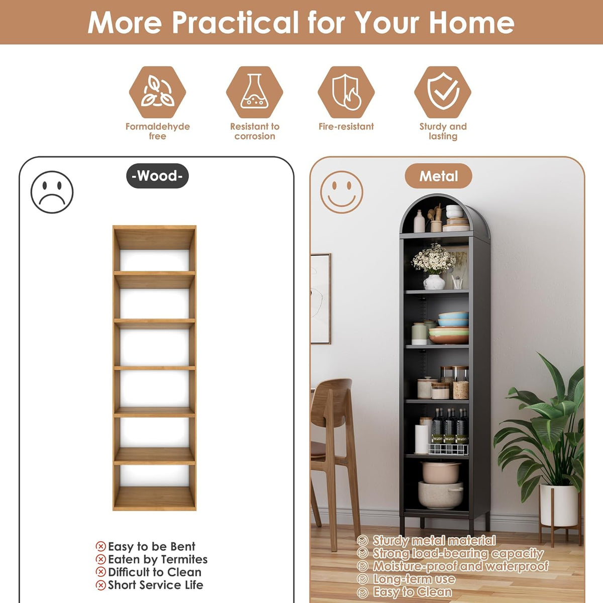 Narrow Arched Bookshelf,6-Tier Metal Arch Bookcase,Freestanding Storage Organizer With 4 Shelves - view 7