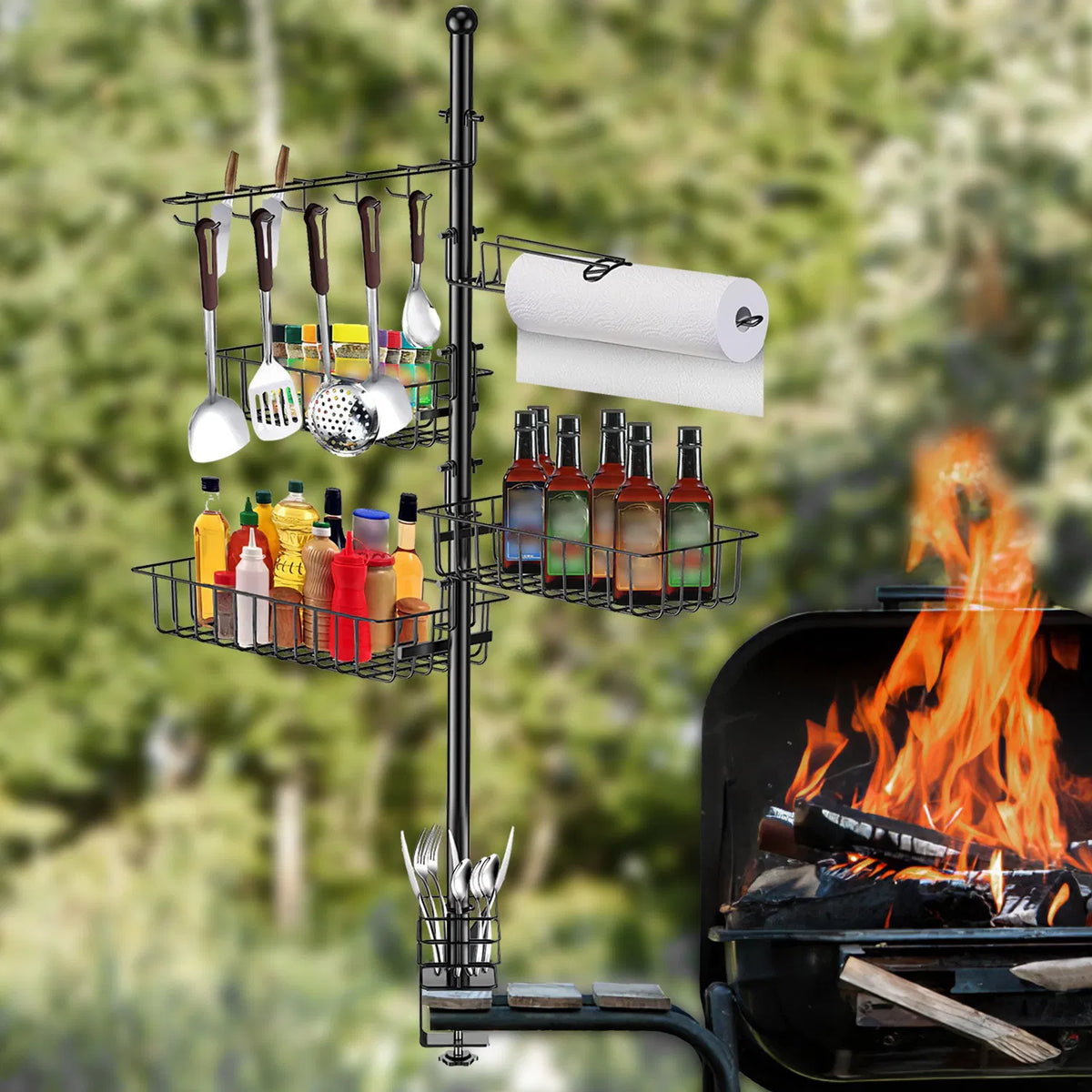 Griddle Caddy Standing Grill Utensil Caddy With Paper Towel Holder Hook Baskets BBQ Accessories Storage Rack Vertical - view 8