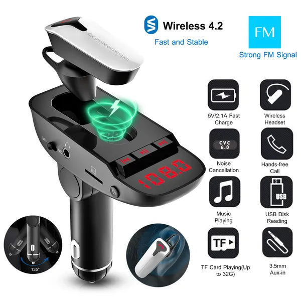 Car FM Transmitter W / Wireless Earpiece 2 USB Charge Ports Hands-free Call MP3 Player