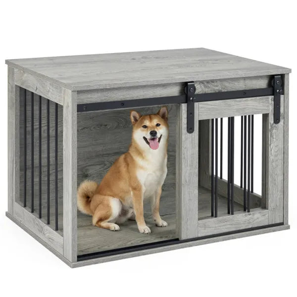31.5" Dog Crate Furniture With Sliding Barn Door, Wooden Dog Kennel End Table For Indoor Use - Gray - view 3