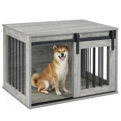 31.5" Dog Crate Furniture With Sliding Barn Door, Wooden Dog Kennel End Table For Indoor Use - Gray - view 3