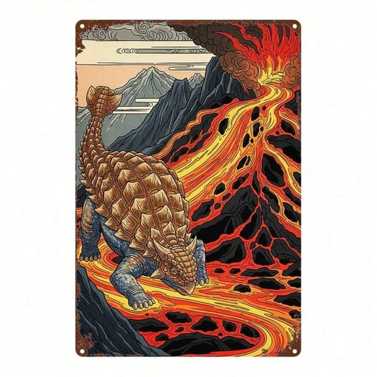 Vintage Ankylosaurus Metal Sign, Rustic Iron Wall Art With Volcanic Landscape