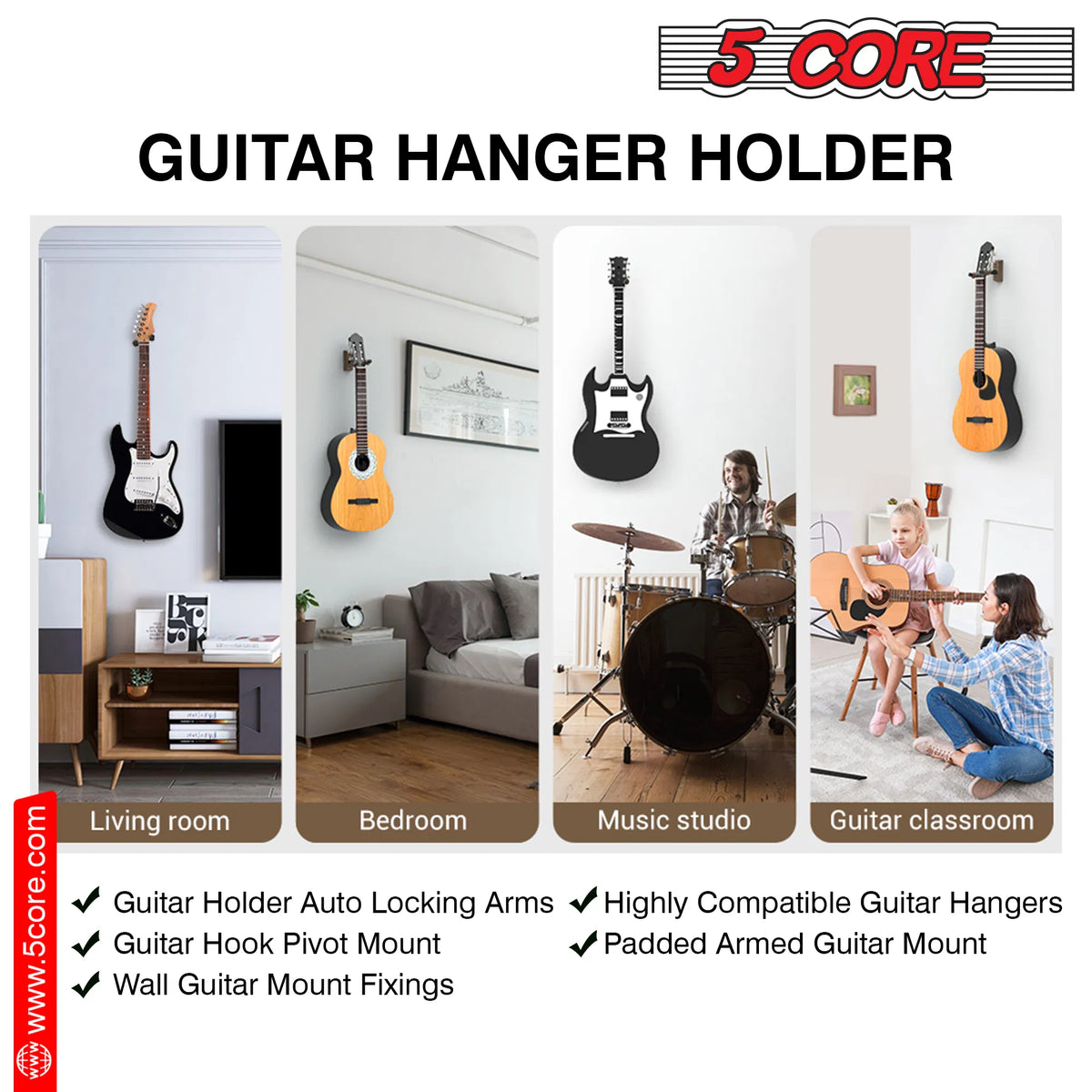 5Core Guitar Wall Mount Hanger Hook Metal Base Soft Padding Adjustable Rotatable Holder - view 4