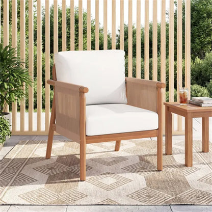 White Boho Patio Acacia Wood Chair With Woven Rope Armrests, Cushioned Outdoor Accent Chair For Porch Balcony - view 4