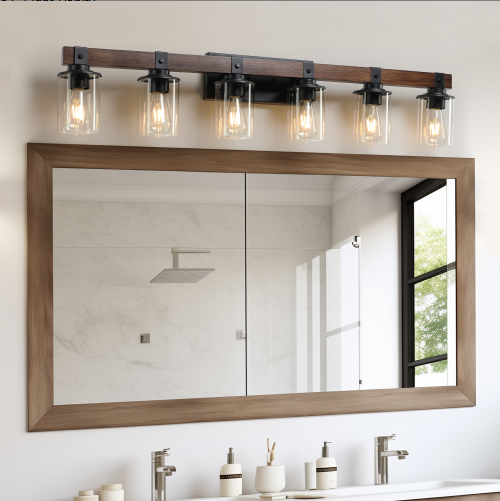 42 Inch Rustic 6-Light Vanity Light, Industrial Bathroom Wall Sconce With Glass Shades And Wood Accent