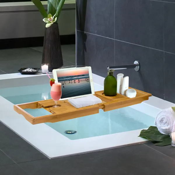 Bathtub Caddy Tray Crafted Bamboo Bath Tray Table Extendable Reading Rack Tablet Phone Holder For Valentines'S Day - view 6