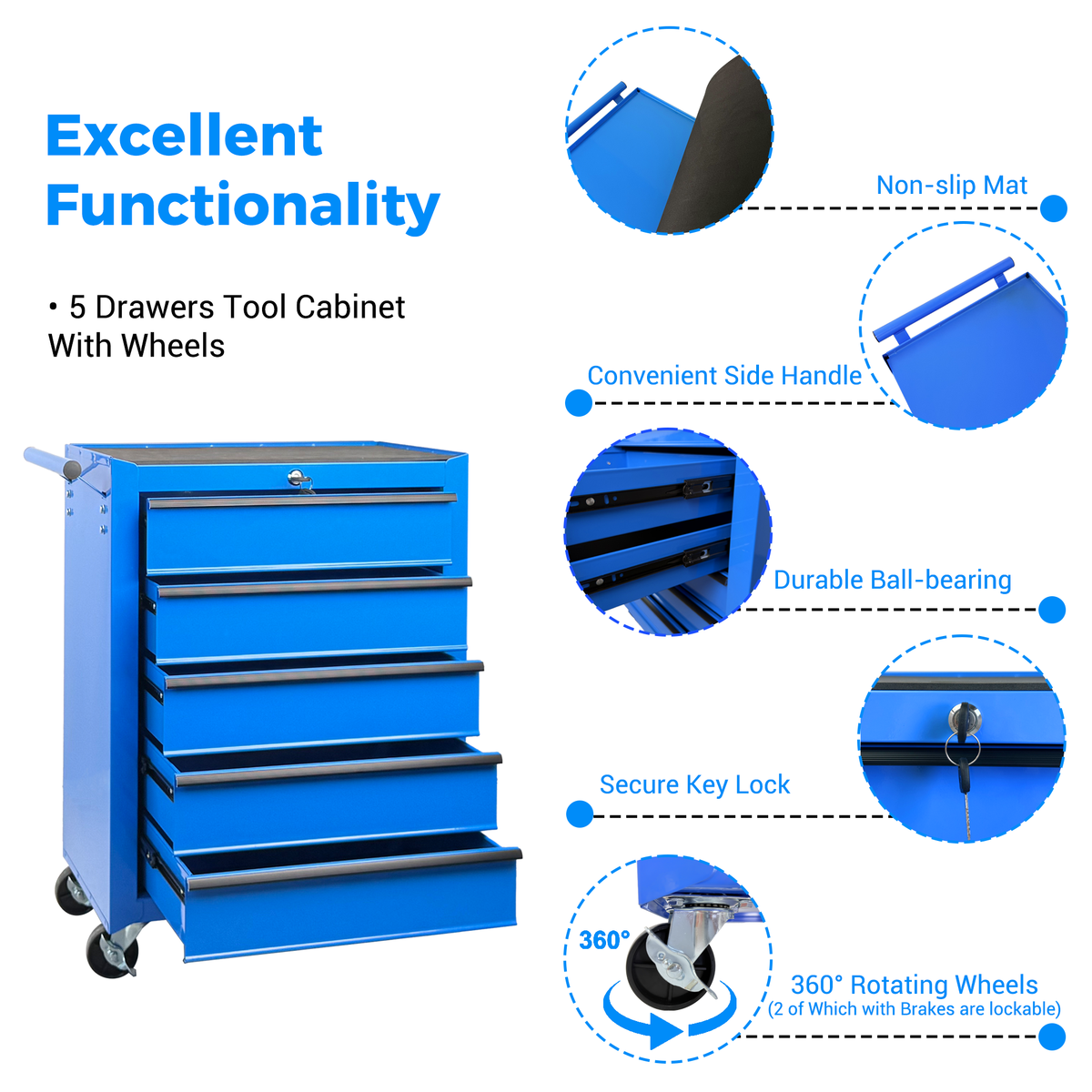 Rolling Metal Tool Chest With 5 Drawers, 20inch 5-Drawer Tool Chest Cabinet With Ball Bearing Drawer Slides - view 8