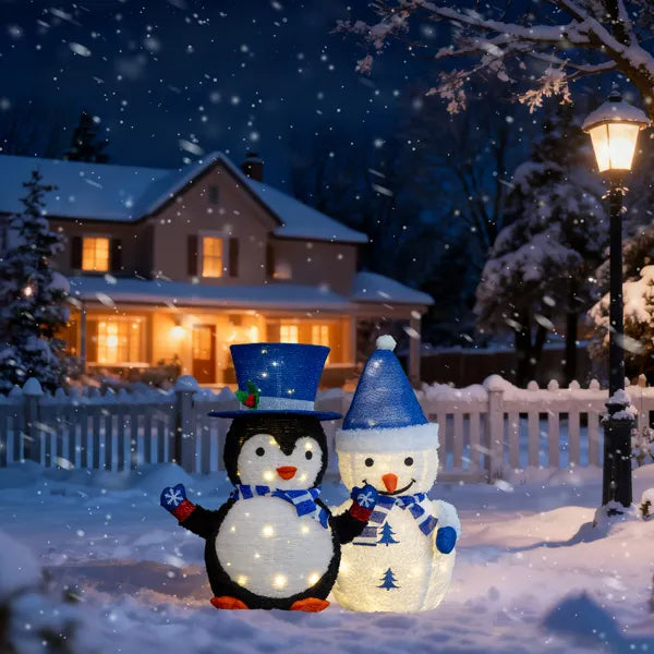 Set Of 2 Lighted Plush Penguin And Snowman Christmas Decorations, Pre-lit Pull Up Holiday Decor With 100 Warm White LED - view 3