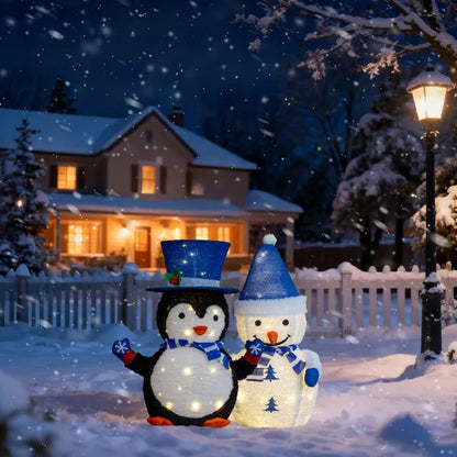 Set Of 2 Lighted Plush Penguin And Snowman Christmas Decorations, Pre-lit Pull Up Holiday Decor With 100 Warm White LED - view 3
