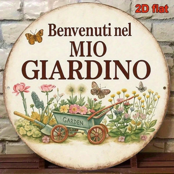 Vintage Welcome To My Garden Sign Italian Language, 8x8 Inch Round French Aluminum Plaque - view 2
