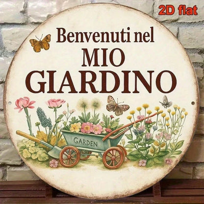 Vintage Welcome To My Garden Sign Italian Language, 8x8 Inch Round French Aluminum Plaque - view 2