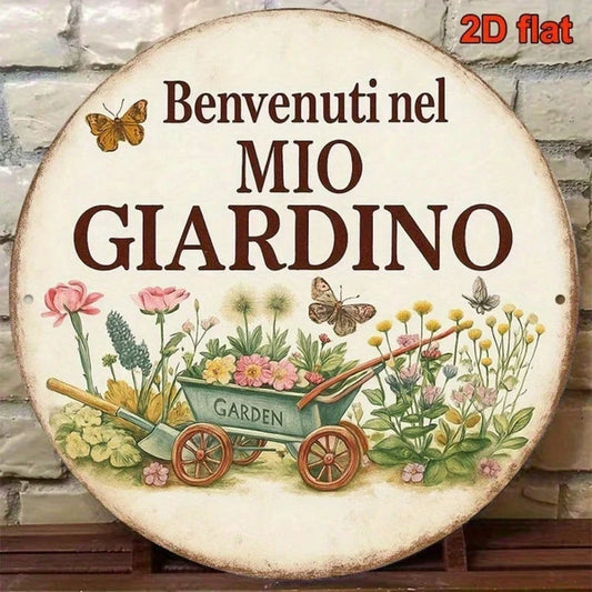 Vintage Welcome To My Garden Sign Italian Language, 8x8 Inch Round French Aluminum Plaque - view 2