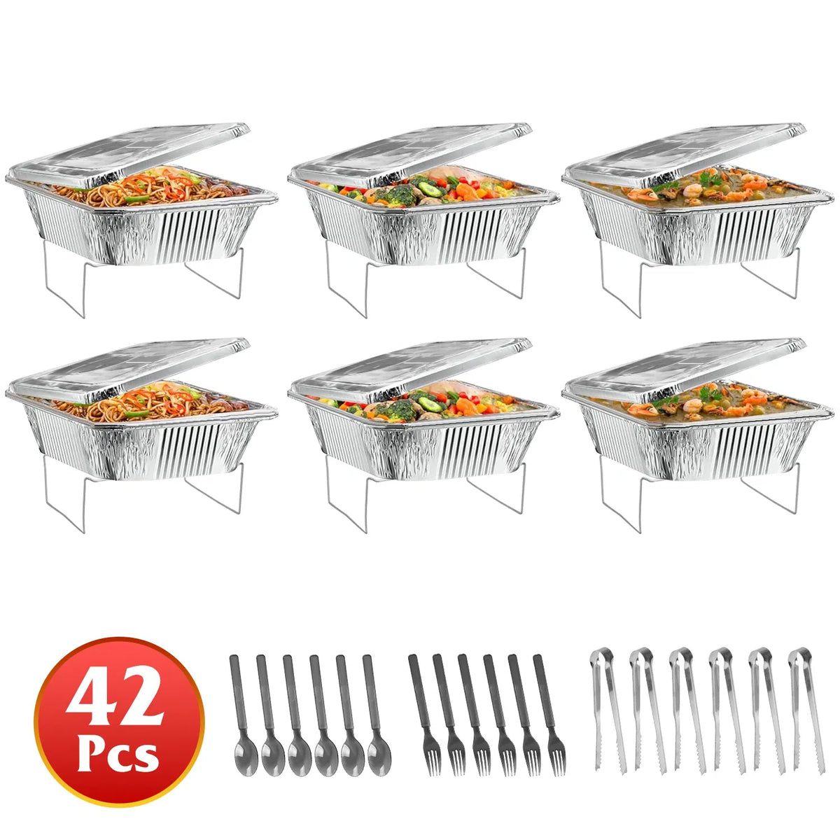 Set Of 42Pcs Disposable Chafing Dish Buffet Set Chafing Servers With Covers Spoons Forks Tongs Full-Size Pans Food - view 3