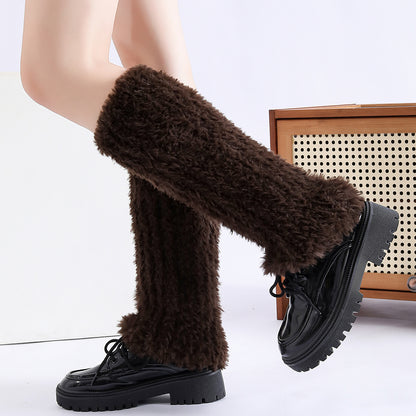 Autumn Winter Solid Knitted Fuzzy Sock Covers Women Thickened Warm Y2K Style Fleece-Lined Fluffy Fur Leg Warmers Calf - view 5