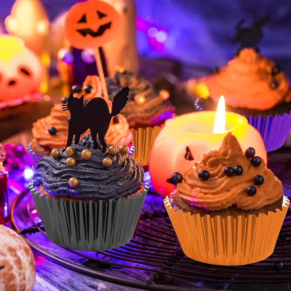 300 Pcs Halloween Foil Cupcake Liners Black Purple Orange Foil Metallic Cupcake Wrappers Halloween Party Standard - view 5