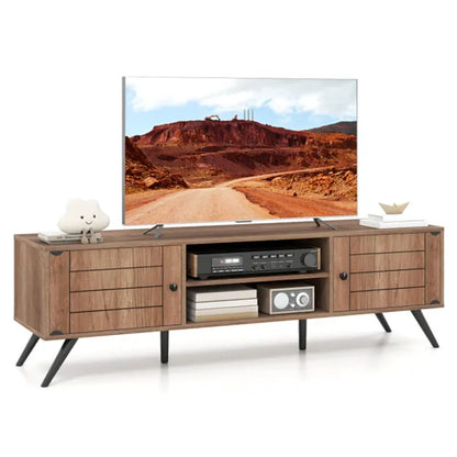 Oak Mid-Century Modern TV Stand For 65-Inch TVs, 210 Lbs Capacity Media Console With Storage Cabinets & Cable Management