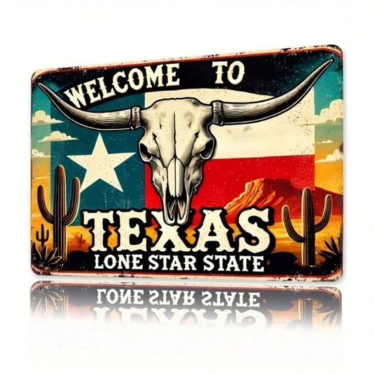 Vintage Texas Welcome Sign 8x12 Inch Aluminum Wall Decor, Rustic Bull Skull & Cactus 2D Flat Metal Plaque For Home
