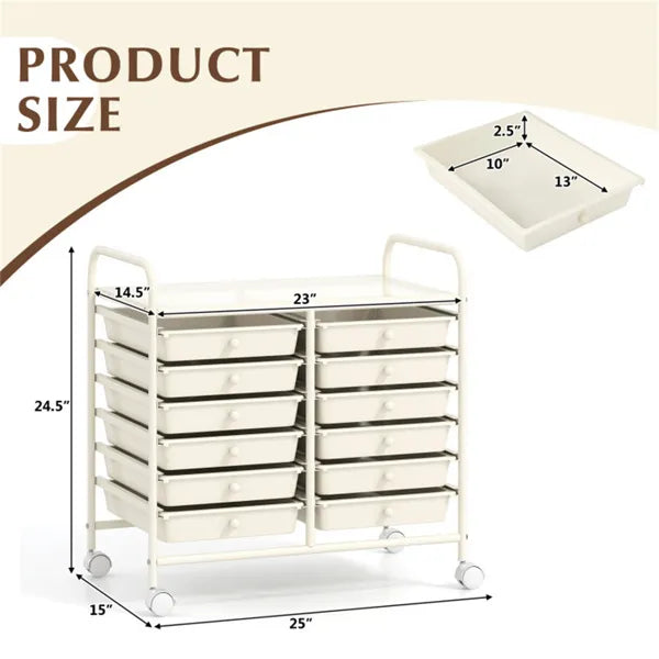 12-Drawer Rolling Storage Cart - 2-Row 10-Storey, Multicolor Drawers, 4 Wheels (2 Brake), White Frame-White - view 3